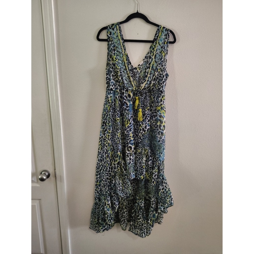 Violet Sky Blue Lime Leopard Print High Low Maxi Dress Tassels Womens Large